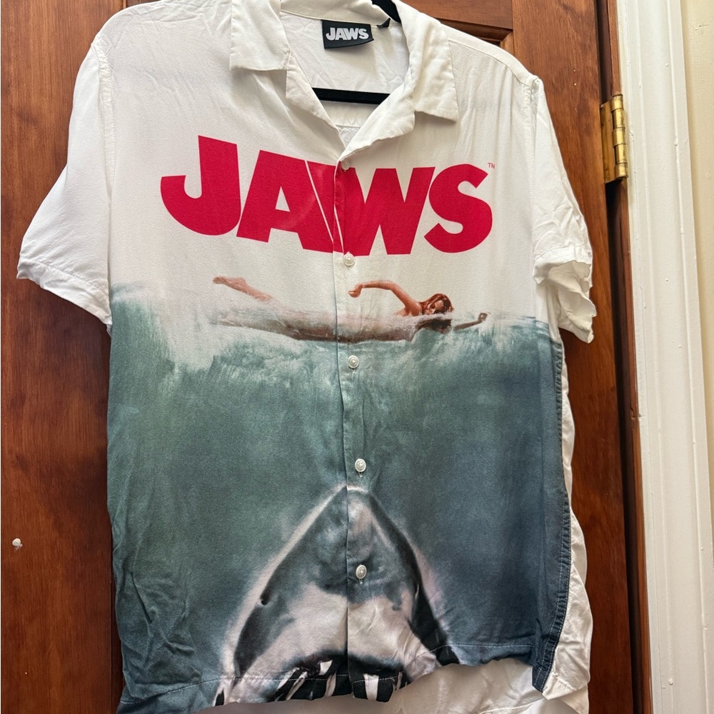 Jaws Graphic Casual Button Down Shirt - White